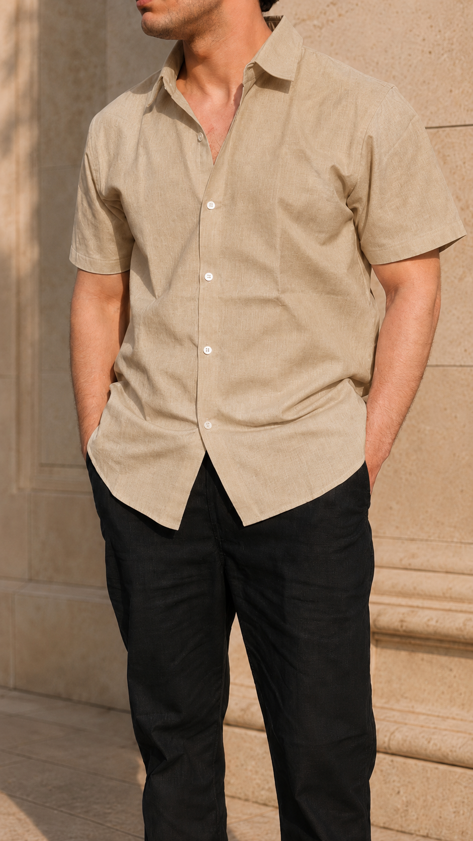 Half Sleeve Men's 100% Belgium Linen Khaki Shirt | Summer Special