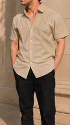 Half Sleeve Men's 100% Belgium Linen Khaki Shirt | Summer Special