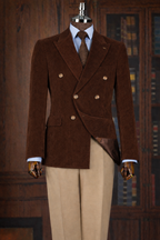 French Cuff Men's Corduroy Brown Double Breasted  Blazer