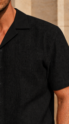 Cuban Collar Half Sleeve Men's 100% Belgium Linen Black Shirt | Summer Special