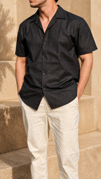 Cuban Collar Half Sleeve Men's 100% Belgium Linen Black Shirt | Summer Special