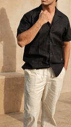 Cuban Collar Half Sleeve Men's 100% Belgium Linen Black Shirt | Summer Special