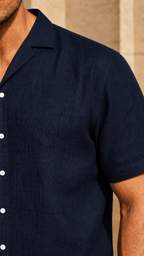 Cuban Collar Half Sleeve Men's 100% Belgium Linen Navy Shirt | Summer Special