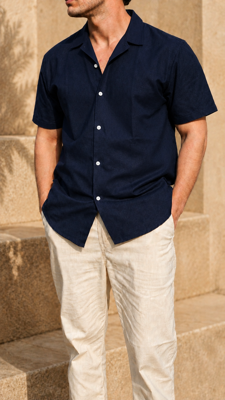 Cuban Collar Half Sleeve Men's 100% Belgium Linen Navy Shirt | Summer Special