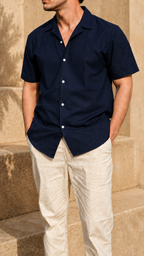 Cuban Collar Half Sleeve Men's 100% Belgium Linen Navy Shirt | Summer Special