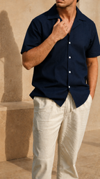 Cuban Collar Half Sleeve Men's 100% Belgium Linen Navy Shirt | Summer Special