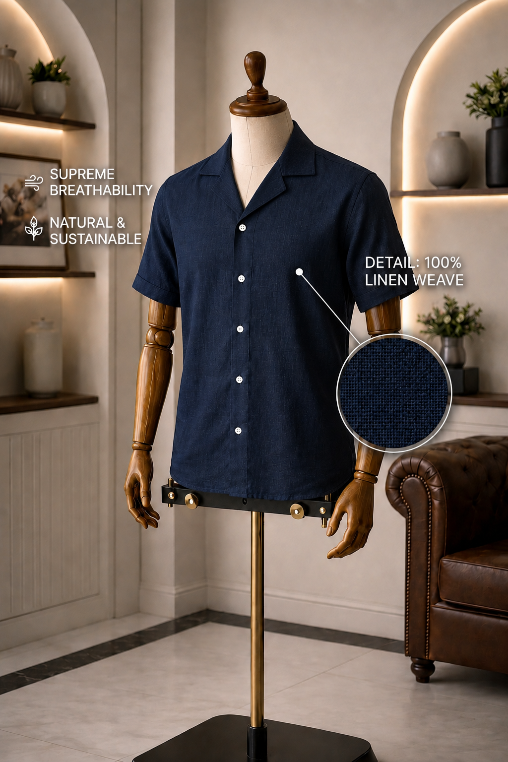 Cuban Collar Half Sleeve Men's 100% Belgium Linen Navy Shirt | Summer Special