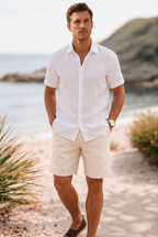 Beige Linen Drawstring Shorts by French Cuff