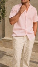 Cuban Collar Half Sleeve Men's 100% Belgium Linen Pink Shirt | Summer Special