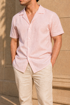 Cuban Collar Half Sleeve Men's 100% Belgium Linen Pink Shirt | Summer Special