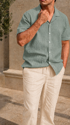 Cuban Collar Half Sleeve Men's 100% Belgium Linen Green Shirt | Summer Special