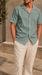 Cuban Collar Half Sleeve Men's 100% Belgium Linen Green Shirt | Summer Special