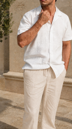Cuban Collar Half Sleeve Men's 100% Belgium Linen White Shirt | Summer Special