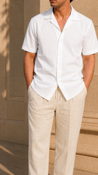 Cuban Collar Half Sleeve Men's 100% Belgium Linen White Shirt | Summer Special