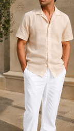 Cuban Collar Half Sleeve Men's 100% Belgium Linen Beige Shirt | Summer Special
