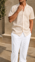 Cuban Collar Half Sleeve Men's 100% Belgium Linen Beige Shirt | Summer Special