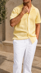 Cuban Collar Half Sleeve Men's 100% Belgium Linen Buttery Yellow Shirt | Summer Special