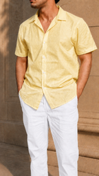 Cuban Collar Half Sleeve Men's 100% Belgium Linen Buttery Yellow Shirt | Summer Special