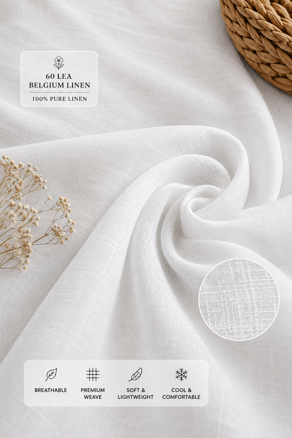 60 LEA | 100% Belgium Linen Fabric - White