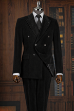 French Cuff Corduroy Black Double Breasted 2-Piece Suit