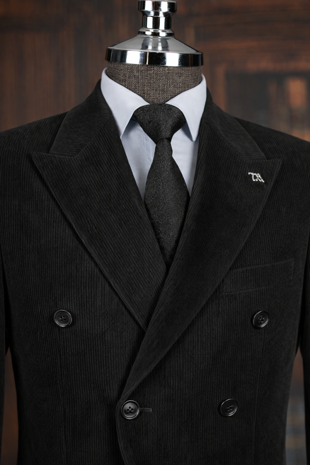 French Cuff Men's Corduroy Black  Double Breasted  Blazer