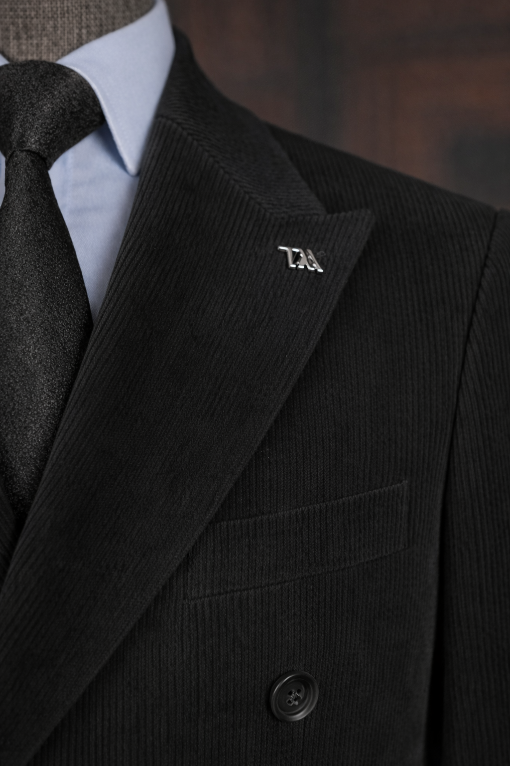 French Cuff Men's Corduroy Black  Double Breasted  Blazer