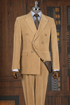 French Cuff Corduroy Khaki Double Breasted 2-Piece Suit