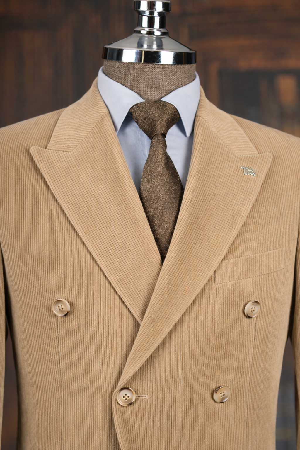 French Cuff Men's Corduroy Khaki Double Breasted Blazer