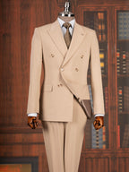 French Cuff Men's Beige Double Breasted 2-Piece Suit