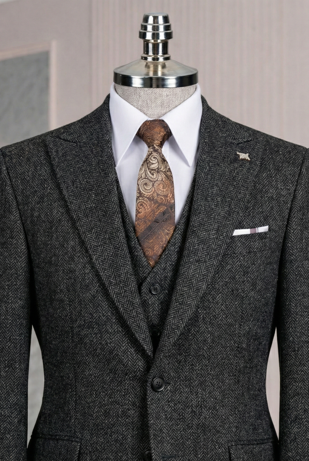 French Cuff Men's Black Herringbone Single Buttoned 3-Piece Suit