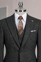 French Cuff Men's Black Herringbone Single Buttoned 3-Piece Suit