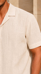 Cuban Collar Half Sleeve Men's 100% Belgium Linen Beige Shirt | Summer Special