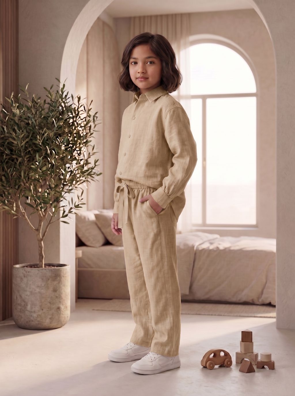 Kids Khaki Linen Co-ord Set | Premium Summer Wear