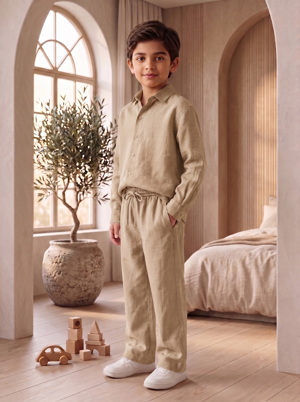 Kids Khaki Linen Co-ord Set | Premium Summer Wear