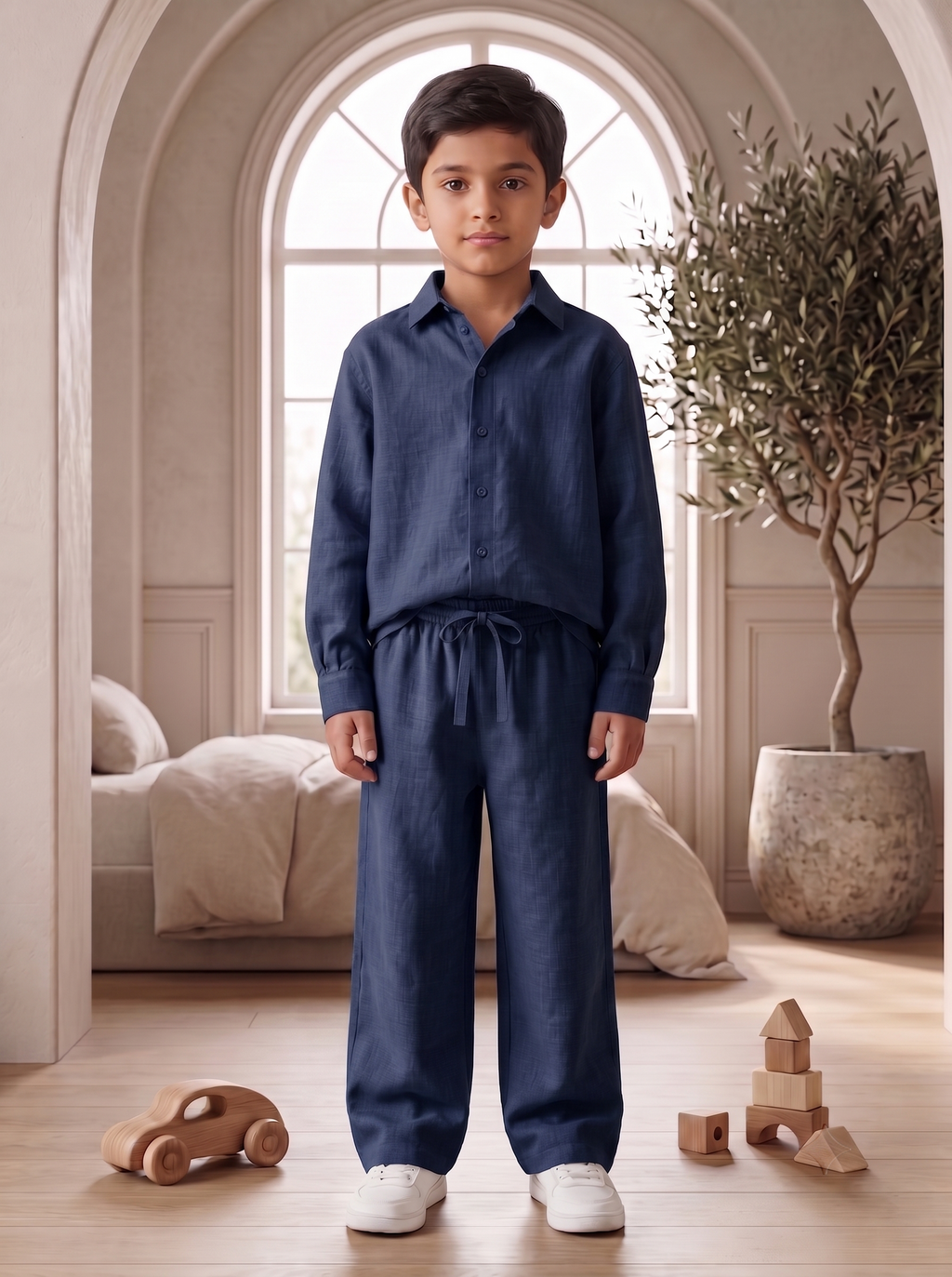 Kids Navy Blue Linen Co-ord Set | Premium Summer Wear