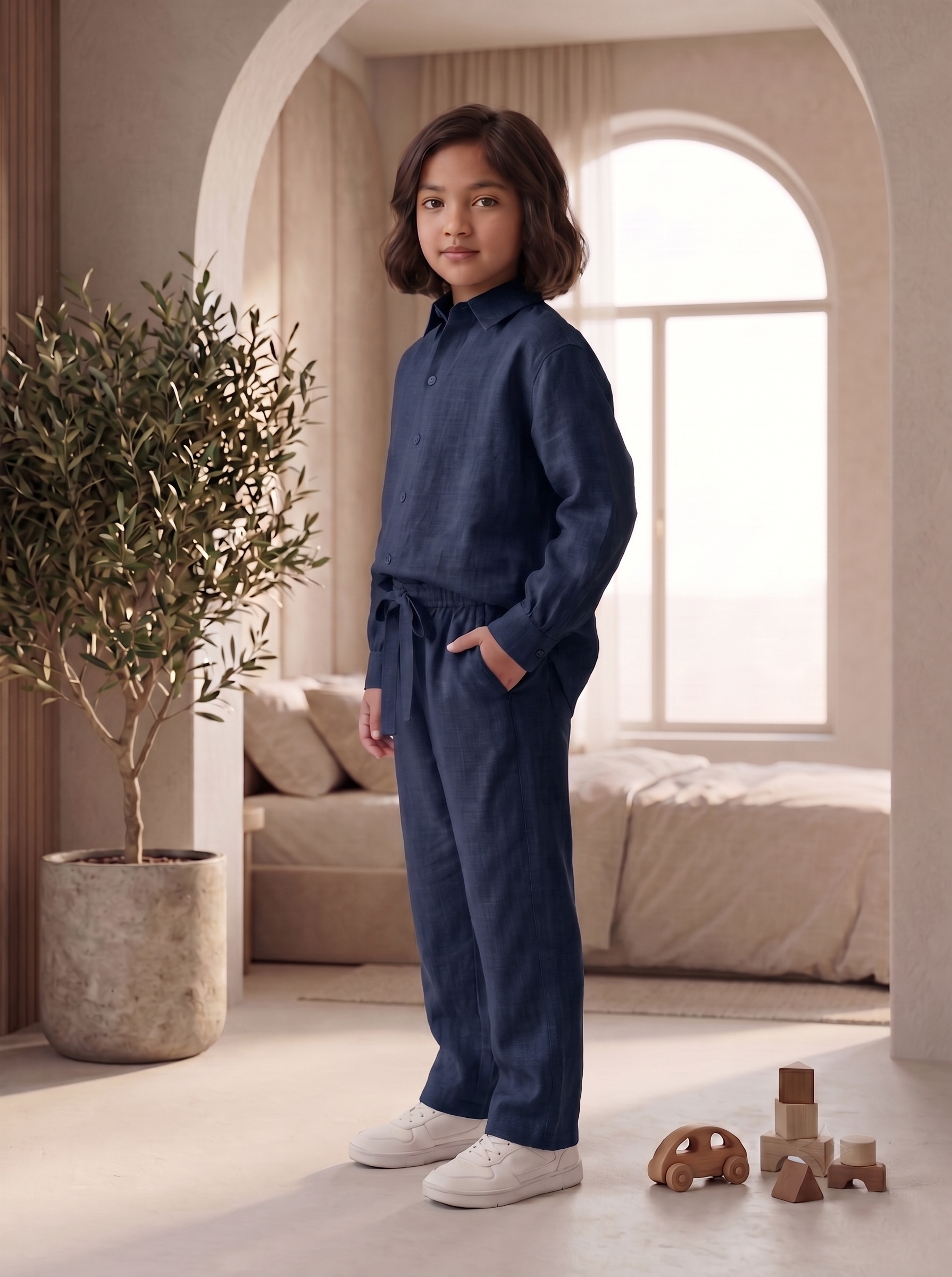 Kids Navy Blue Linen Co-ord Set | Premium Summer Wear