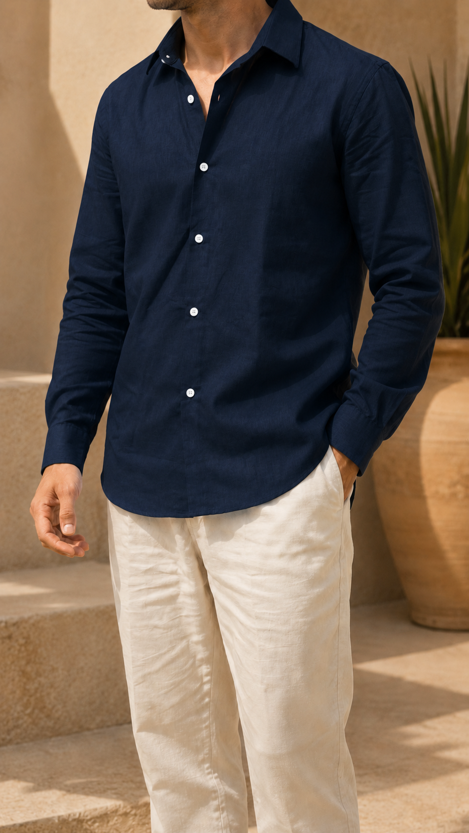 Full Sleeve Men's 100% Belgium Linen Navy Blue Shirt | Summer Special
