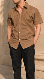 Half Sleeve Men's 100% Belgium Linen Brown Shirt | Summer Special