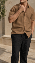 Half Sleeve Men's 100% Belgium Linen Brown Shirt | Summer Special