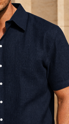 Half Sleeve Men's 100% Belgium Linen Navy Blue Shirt | Summer Special