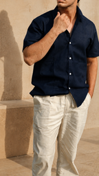 Half Sleeve Men's 100% Belgium Linen Navy Blue Shirt | Summer Special