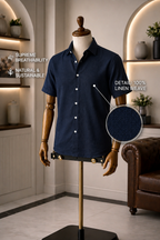 Half Sleeve Men's 100% Belgium Linen Navy Blue Shirt | Summer Special