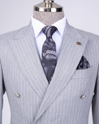 French Cuff Men's Ash Grey Stripe Double Breasted 2-Piece Suit (Limited Edition)
