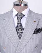 French Cuff Men's Ash Grey Stripe Double Breasted 2-Piece Suit (Limited Edition)