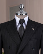 Close-up of a black stripe suit with a white French Cuff Shirt, 