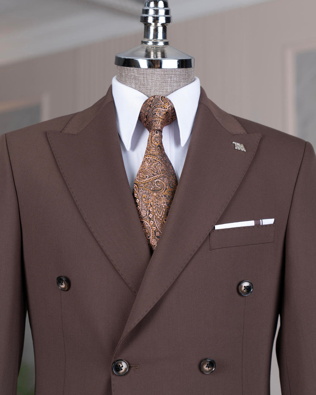 French Cuff Men's Brown Double Breasted 2-Piece Suit