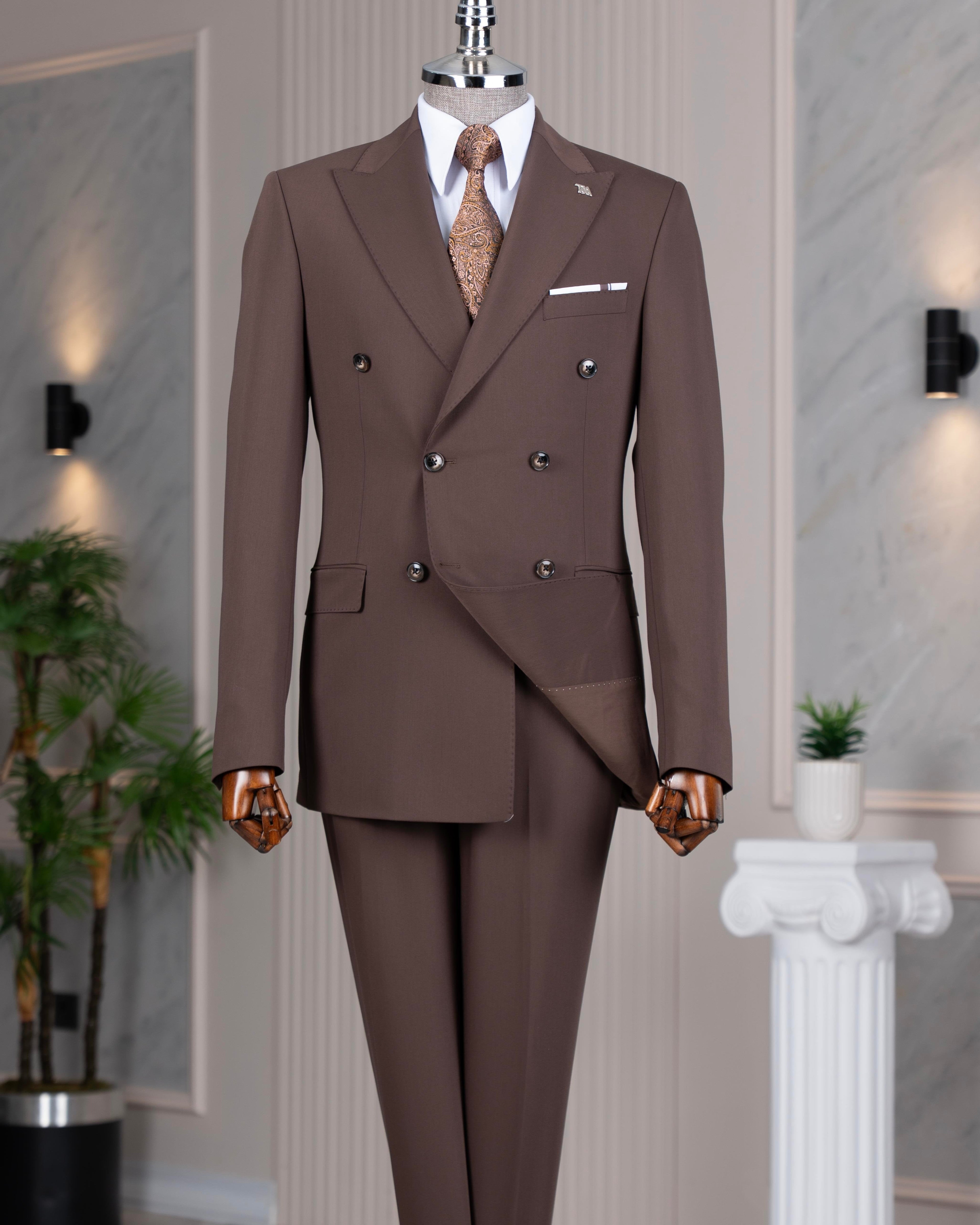 French Cuff Men's Brown Double Breasted 2-Piece Suit
