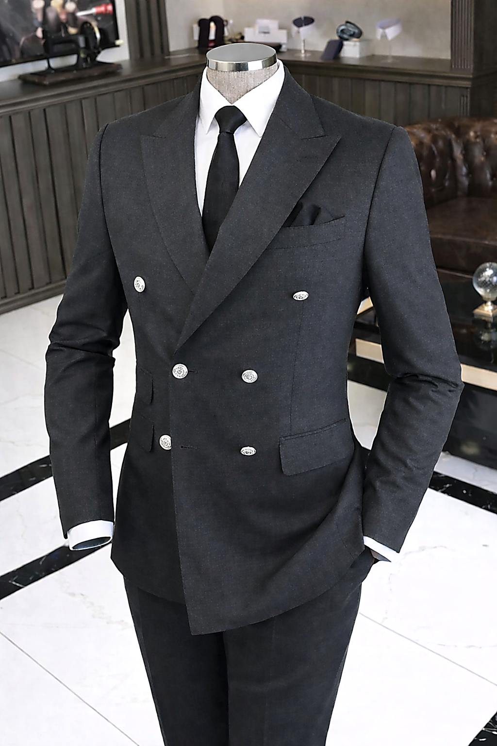 French Cuff Men's Elephant Grey Double Breasted 2-Piece Suit