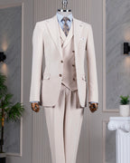 French Cuff Men's Beige Double Buttoned 3-Piece Suit