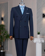 French Cuff Men's Blue Double Breasted 2-Piece Suit